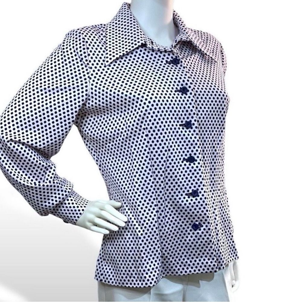 70’s Vintage White & Navy Dot Polyester Button Down Long Sleeve Shirt Top XL 16